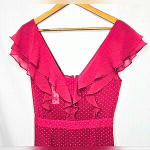 bebe Clip Dot Ruffled V-Neck Jumpsuit in Raspberry/Fuchsia Size 8 NWT
